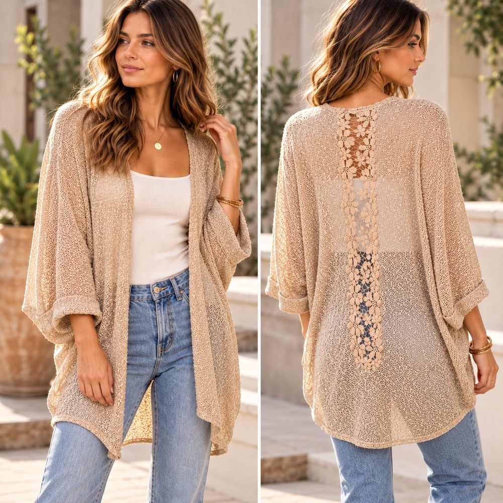Francescas Womens Open Knit Crochet Back Kimono Sz S Boho Lagenlook Made USA